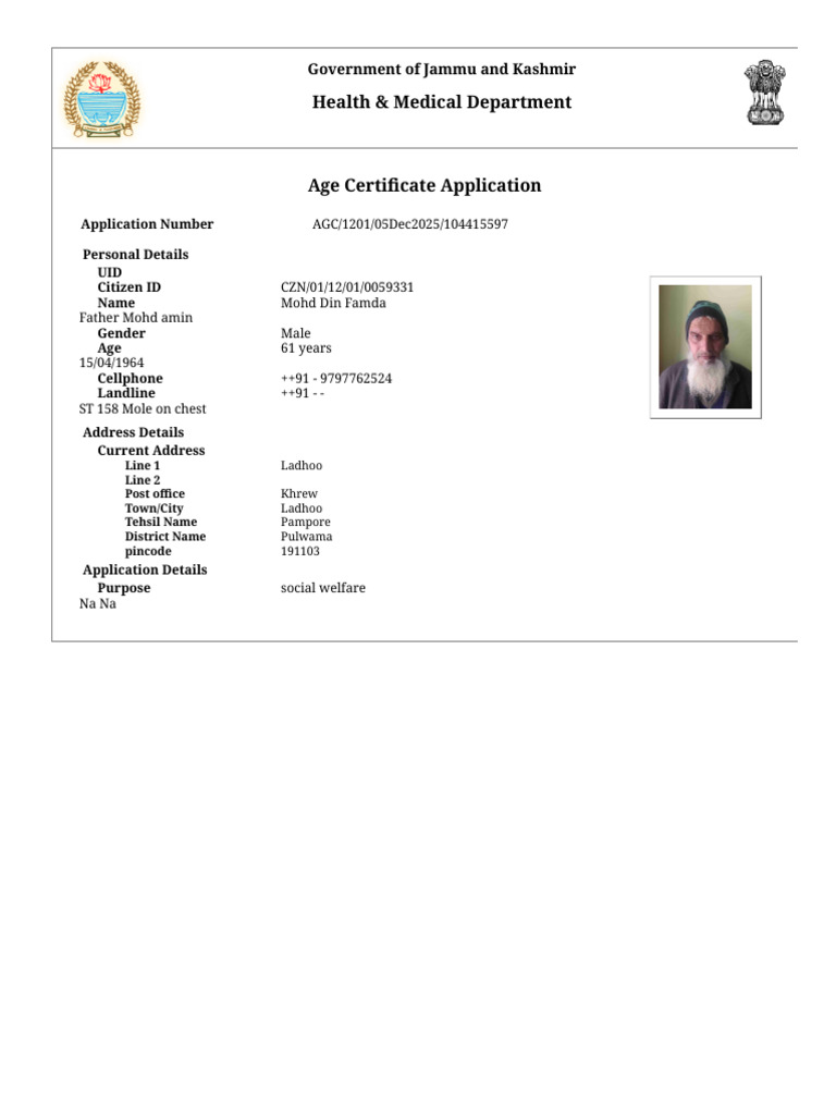 Age Certificate Application for Mohd Din | PDF