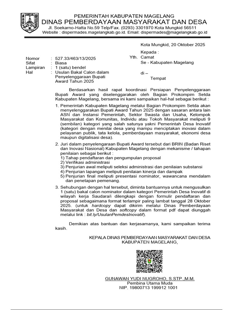 Usulan Nominator Bupati Award 2025 | PDF