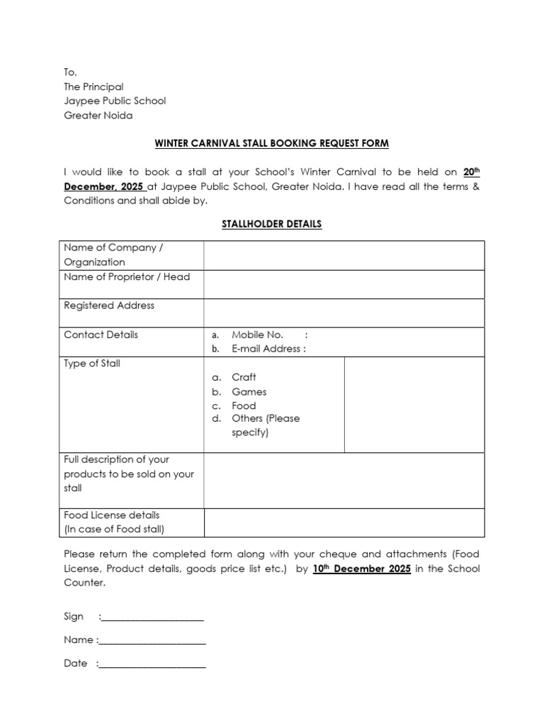 Winter Carnival Stall Booking Form | PDF