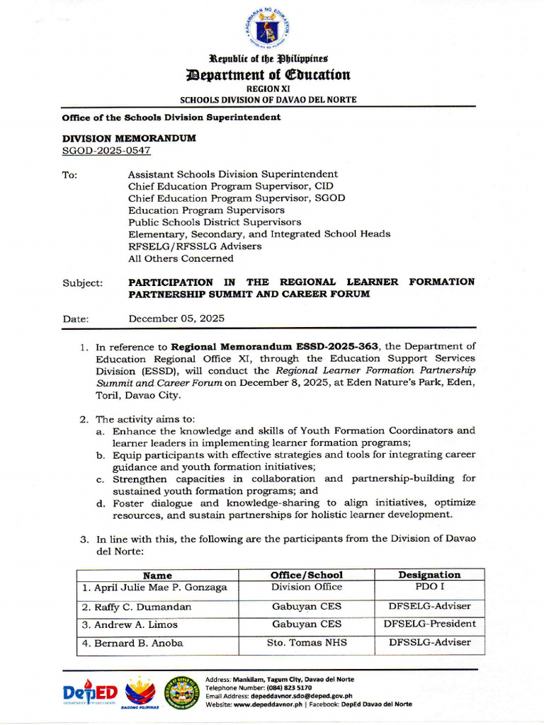 Division Memo Learner Formation Partnership Summit | PDF