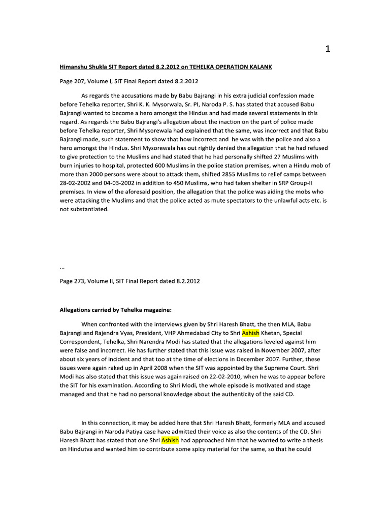 SIT Report on Tehelka | PDF