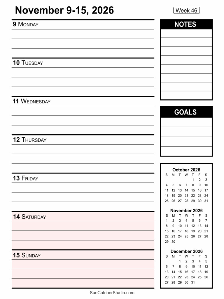 2026 Printable Weekly Calendar Weeks 46 50 | PDF