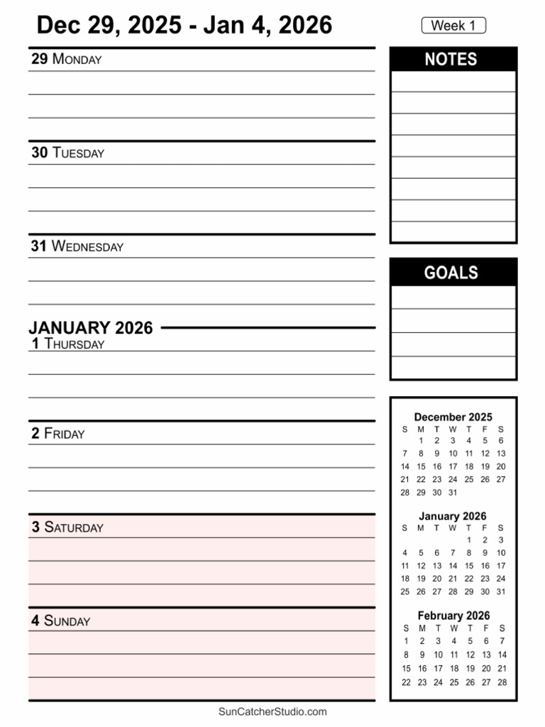2026 Printable Weekly Calendar Weeks 1 5 | PDF