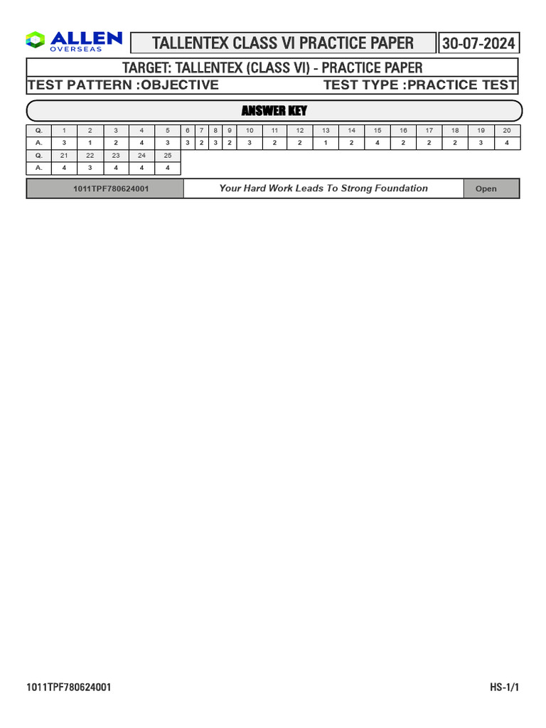 Tallentex Class VI Practice Test 2024 | PDF