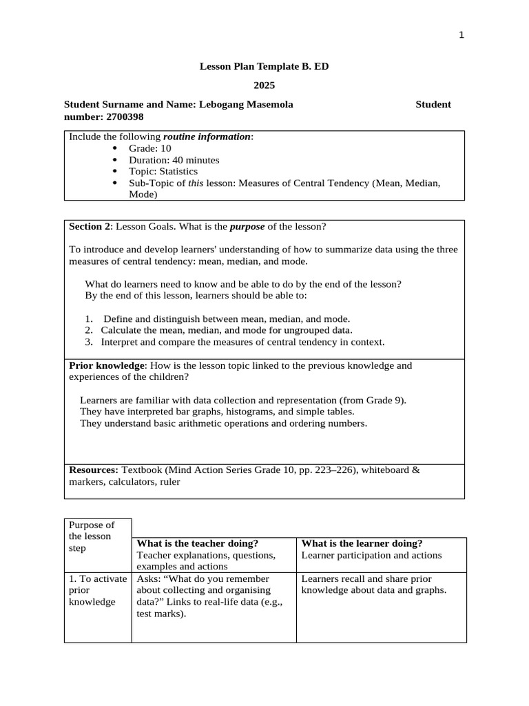 Mathematics Lesson Plan Template B.ed 2025 - Measures of Central ...