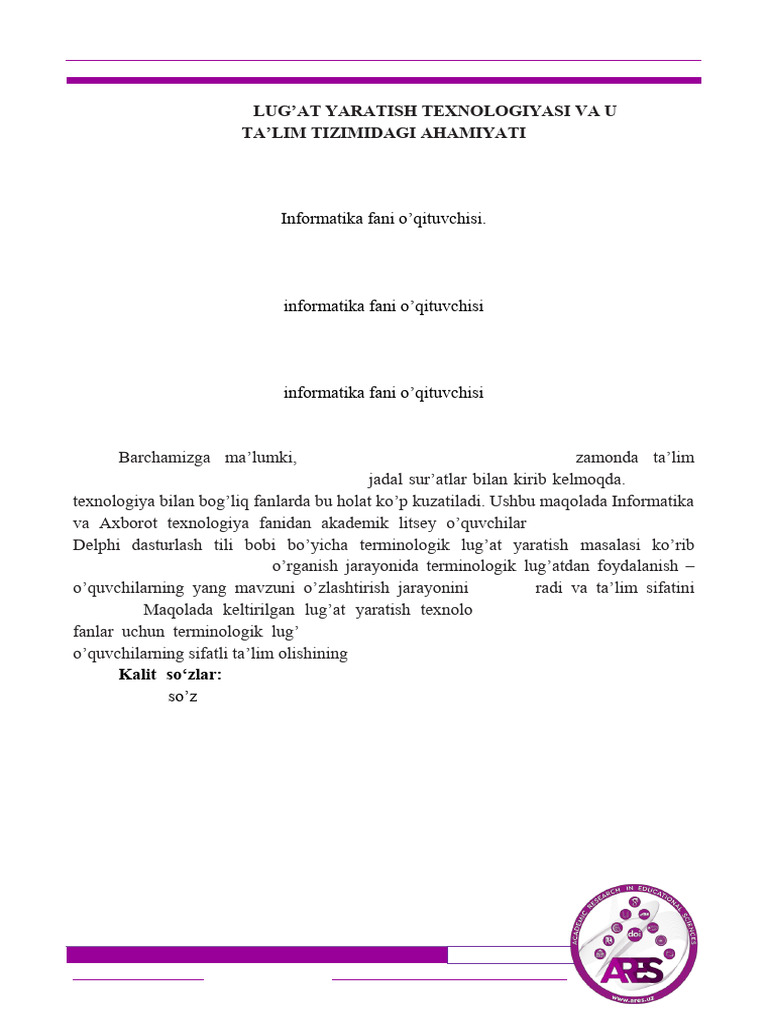 Terminologik Lug at Yaratish Texnologiyasi Va Uning Ta Lim Tizimidagi ...