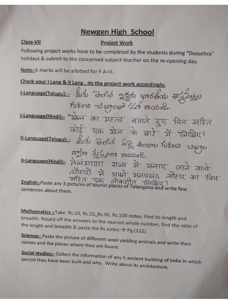 VII Class Project Work | PDF