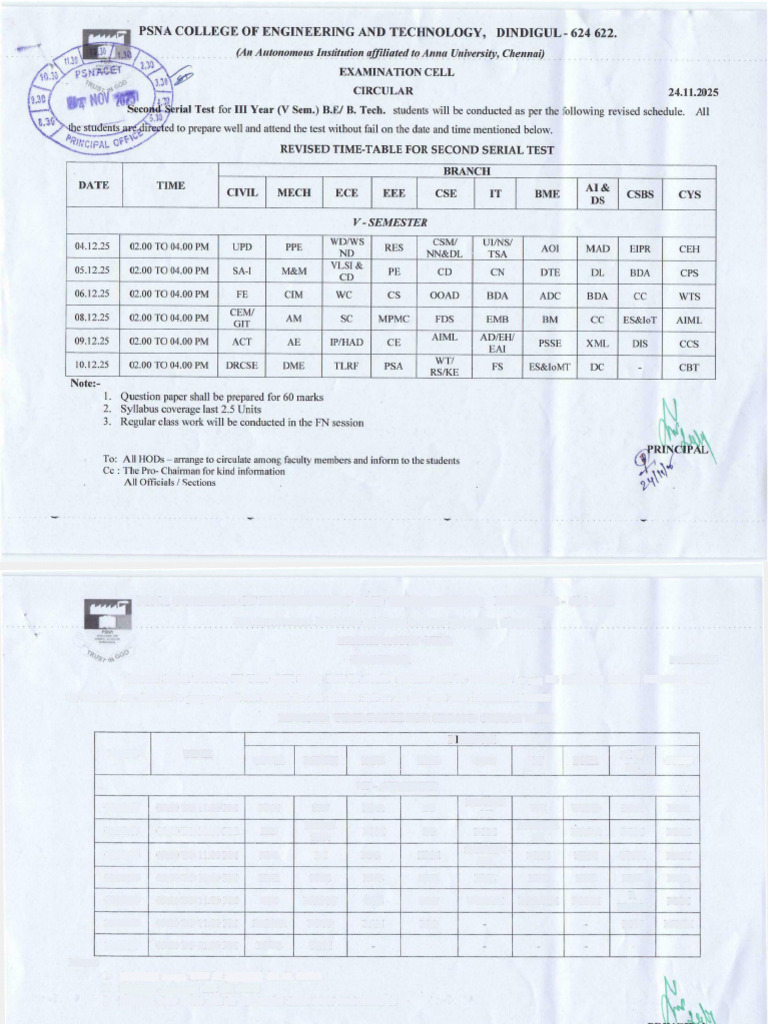 PSNA College Second Serial Test Schedule | PDF | Engineering | Computing
