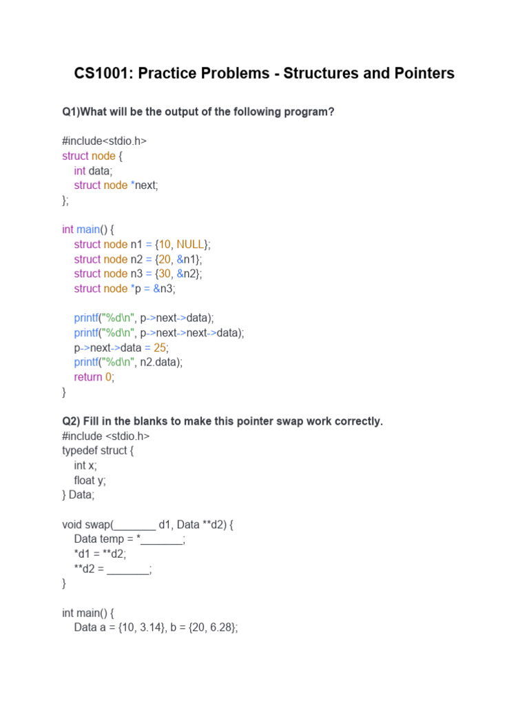 CS1001 Structures and Pointers Practice Problems | PDF | Pointer ...