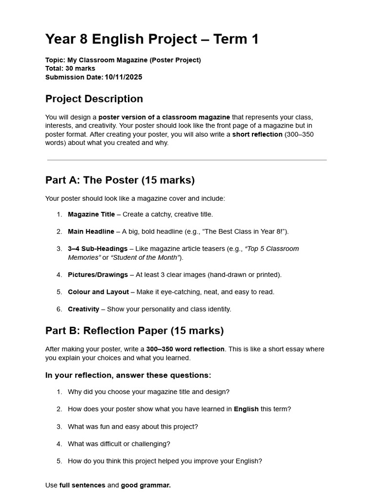 Year 8 Classroom Magazine Project Guide | PDF | Poster | English Language