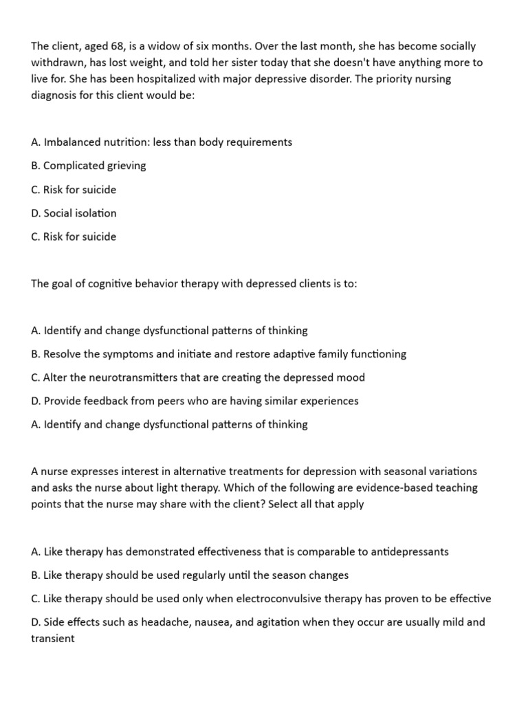 Major Depression and Nursing Interventions | PDF | Major Depressive ...