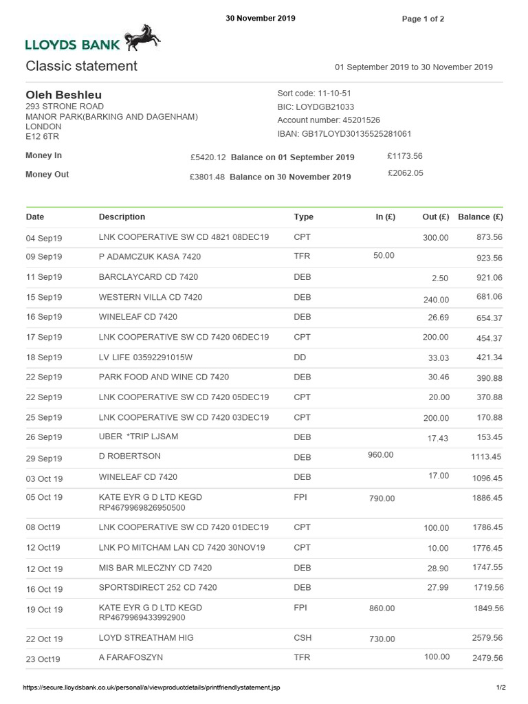 Lloyds Bank Classic Statement Summary | PDF | Banking | Banking Technology