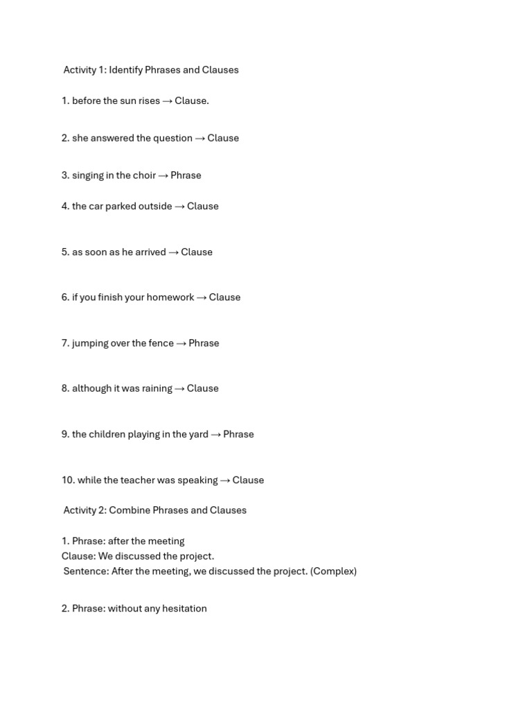 Phrases and Clauses Identification Guide | PDF