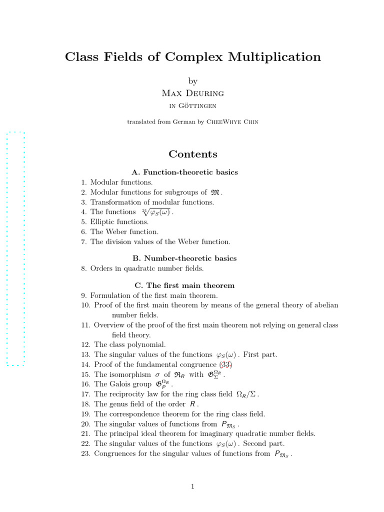 Class Fields of Complex Multiplication by Max Deuring | PDF | Field ...