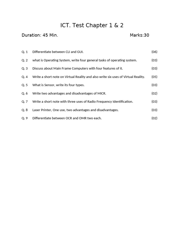 ICT Test: Chapters 1 & 2 Questions | PDF