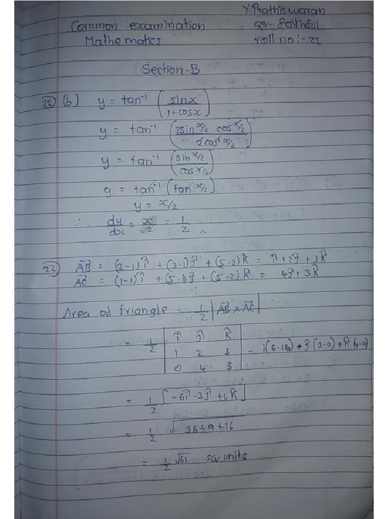 Y Prathiswaran 12th Faithful Maths Cluster Exam | PDF
