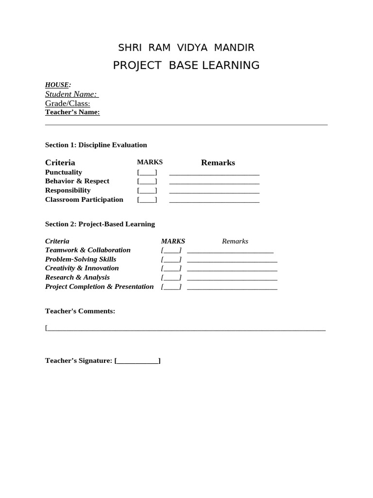 Project-Based Learning Evaluation Form | PDF