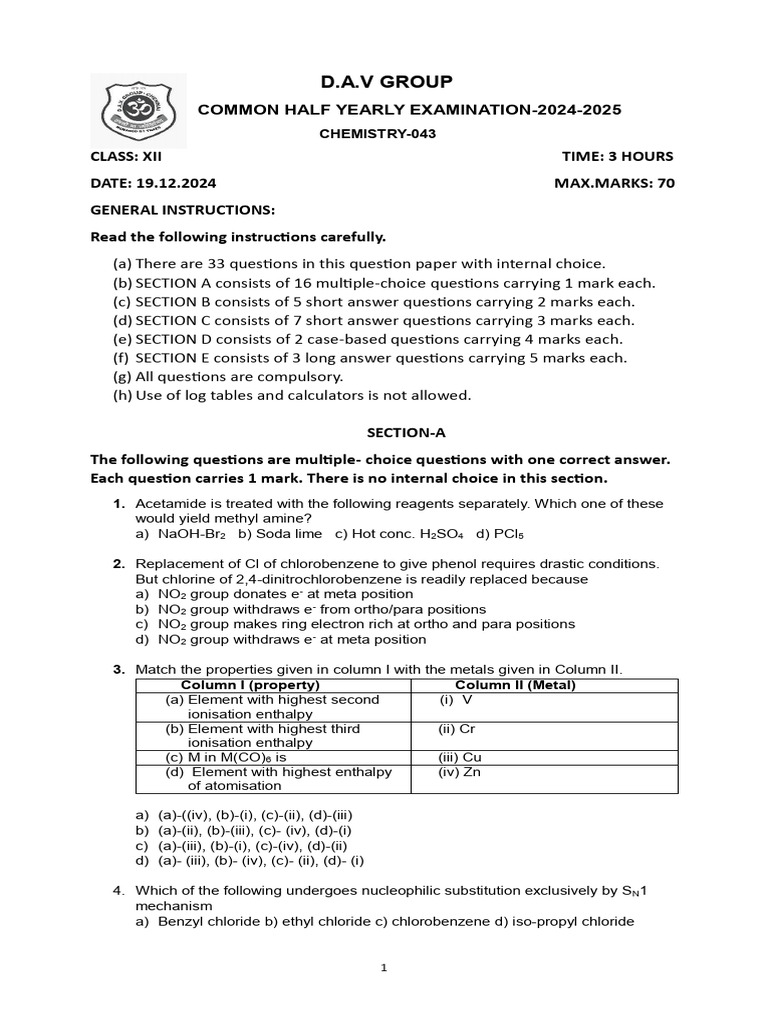 Chemistry Half-Yearly Exam Paper 2024 | PDF | Chemical Reactions ...
