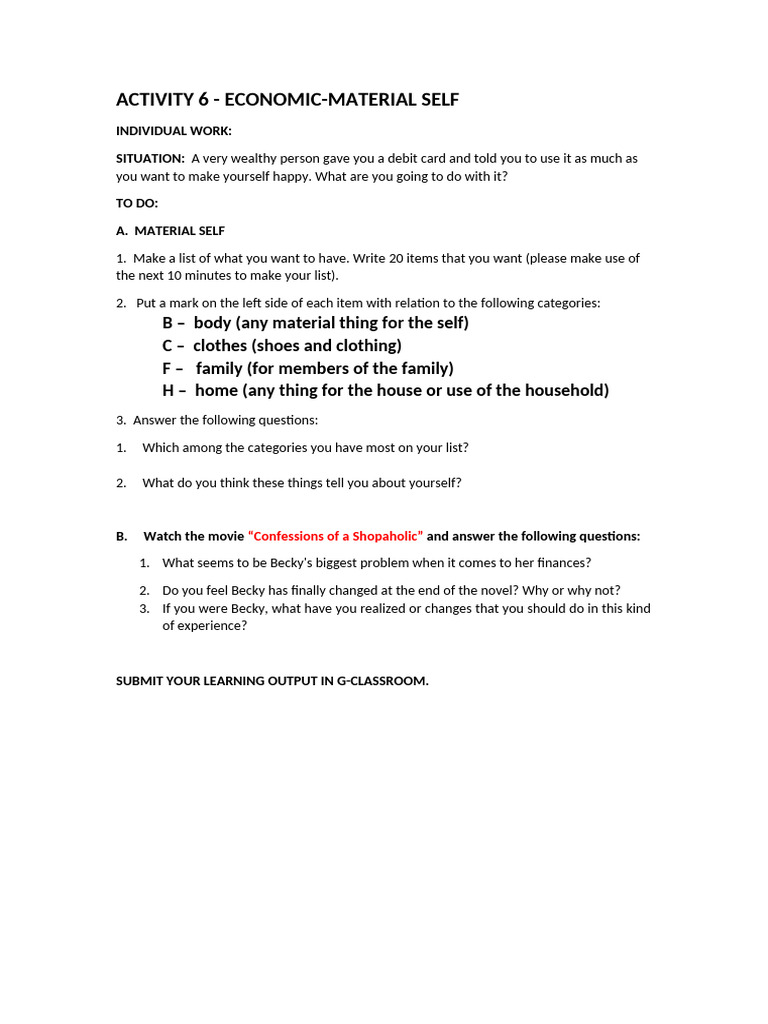 Economic-Material Self Reflection Activity | PDF