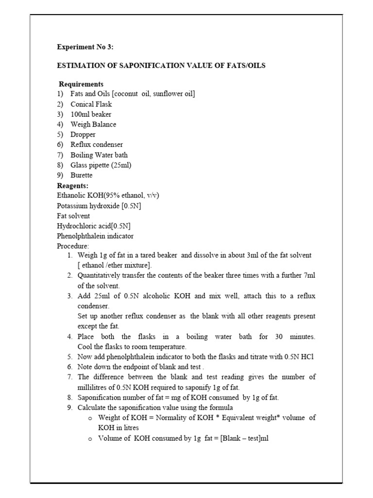 Saponification Value of Fats/Oils Experiment | PDF