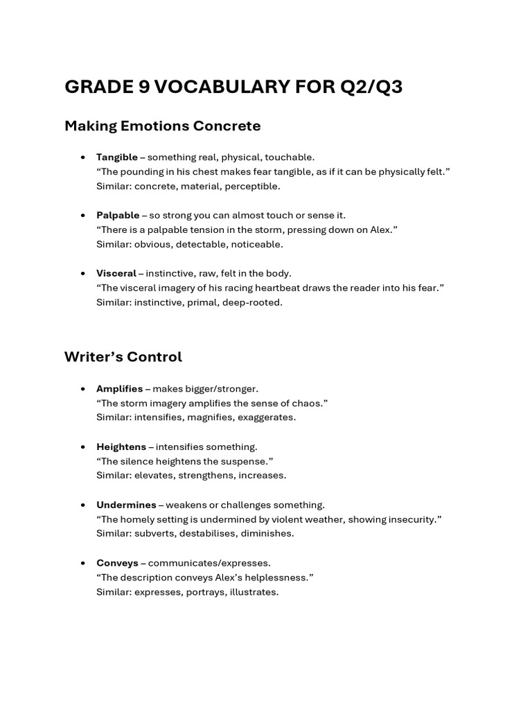 Grade 9 Vocabulary: Emotions & Techniques | PDF | Psychological ...