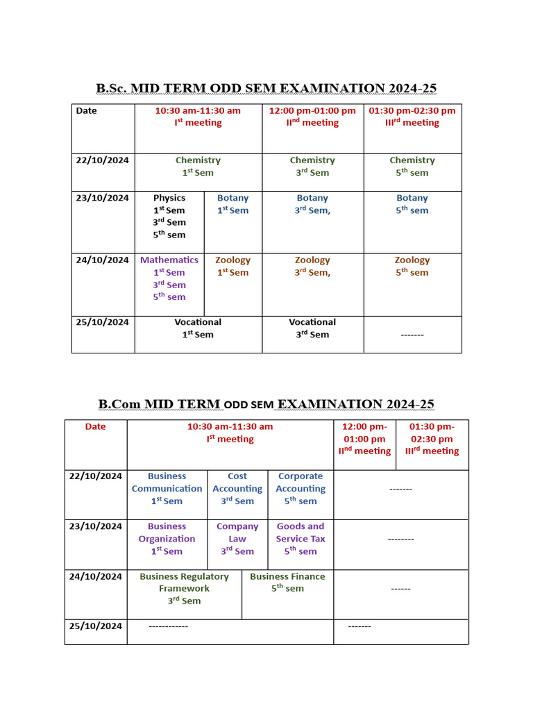 B.Sc, B.Com, B.A Mid Term Exam Schedule 2024 | PDF | Science
