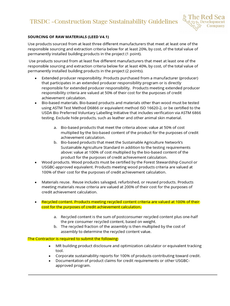 RECYCLED CONTENT-TRSDC DR H13-Contractor Sustainability Specifications ...