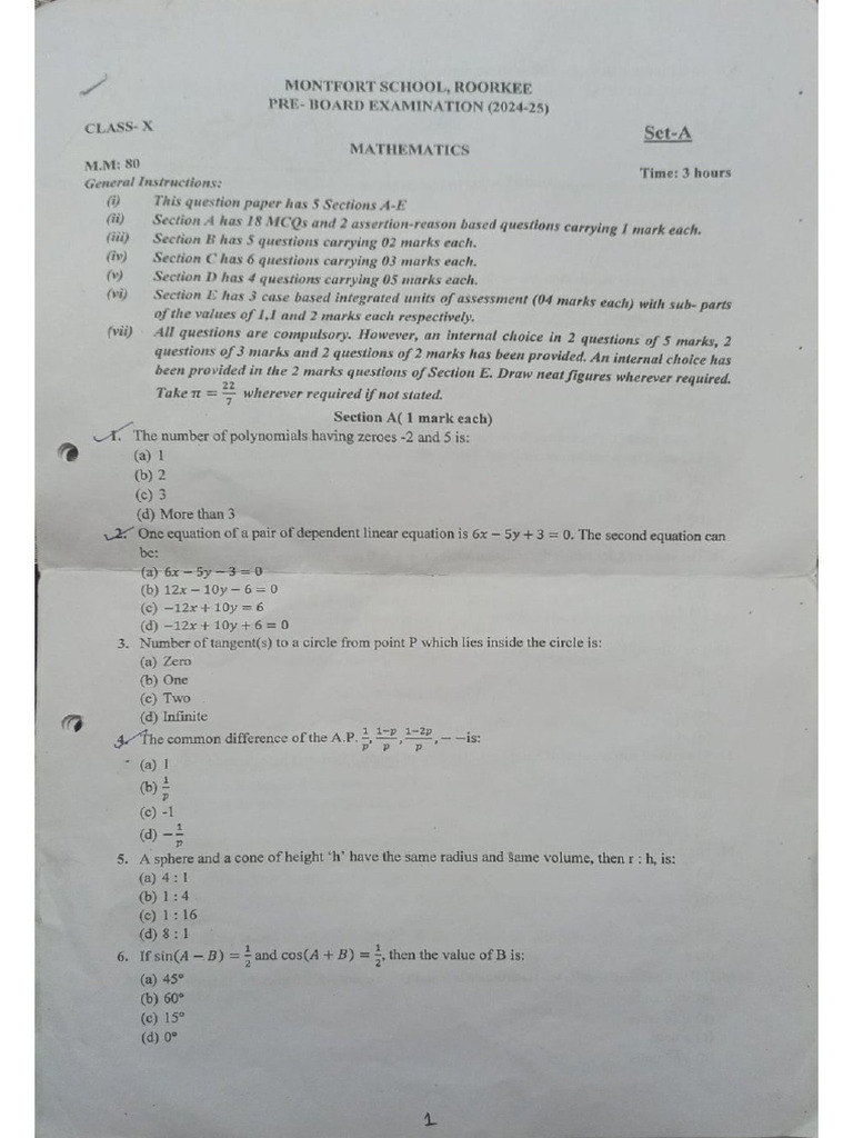 Maths Pre Board | PDF
