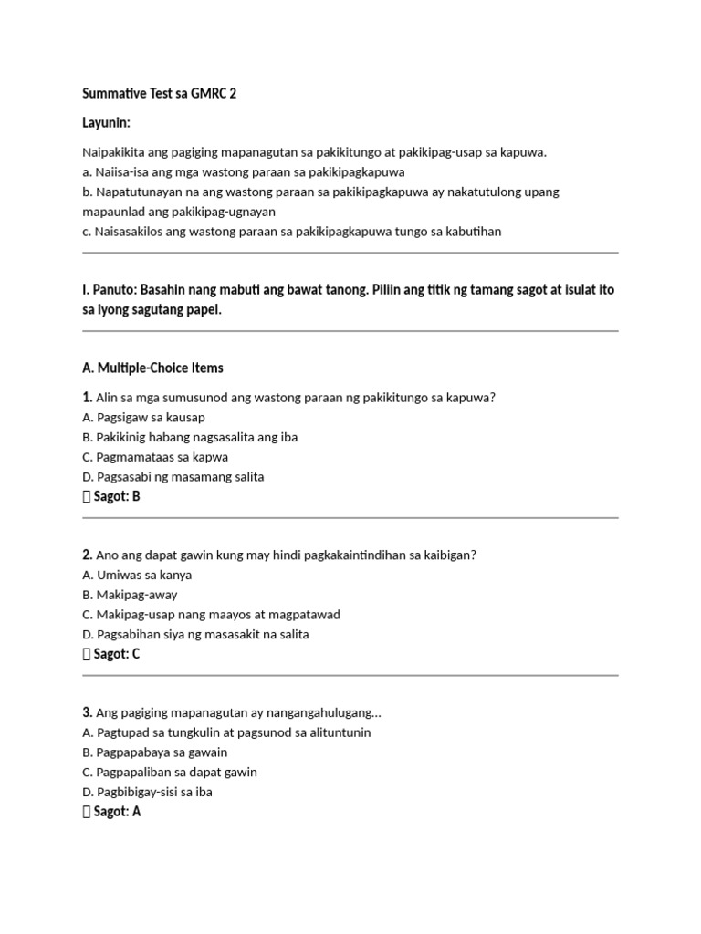 Summative Test Sa GMRC 2 q3 | PDF