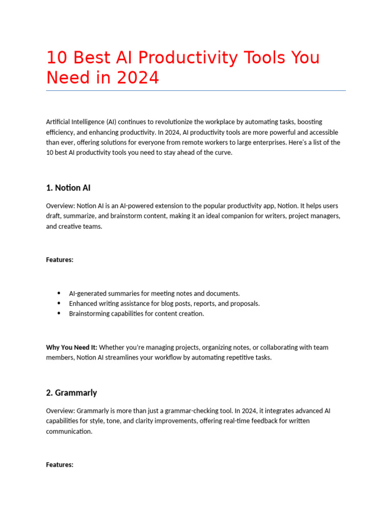 Top 10 AI Productivity Tools 2024 | PDF | Artificial Intelligence ...