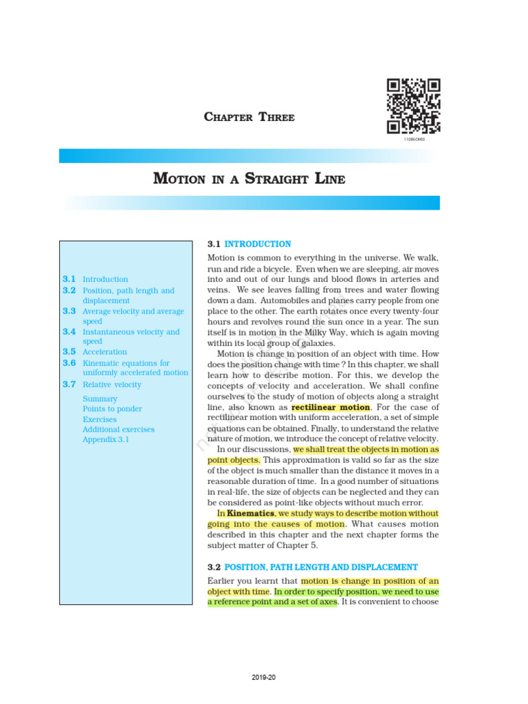 Ch-3 Motion in a Straight Line | PDF | Velocity | Acceleration
