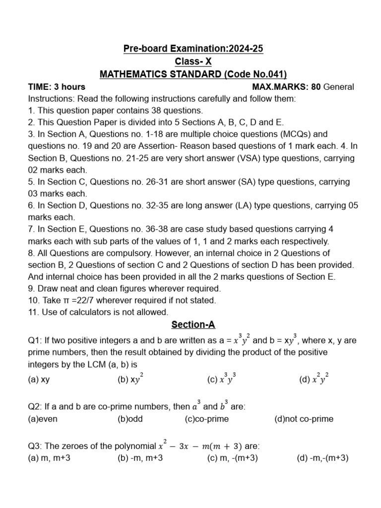 Pre-board Examination Xth Maths Standard 2024-25 | PDF | Numbers | Zero ...