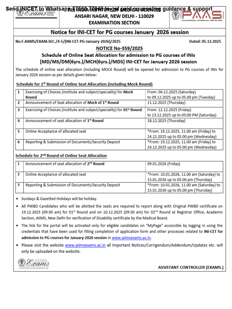 INI-CET PG Admission Schedule 2026 | PDF | Doctor Of Medicine ...