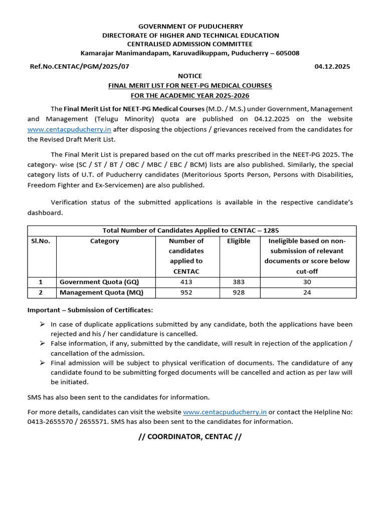 32 Information Regarding Round 1 Final Merit List 04-12-2025 | PDF ...