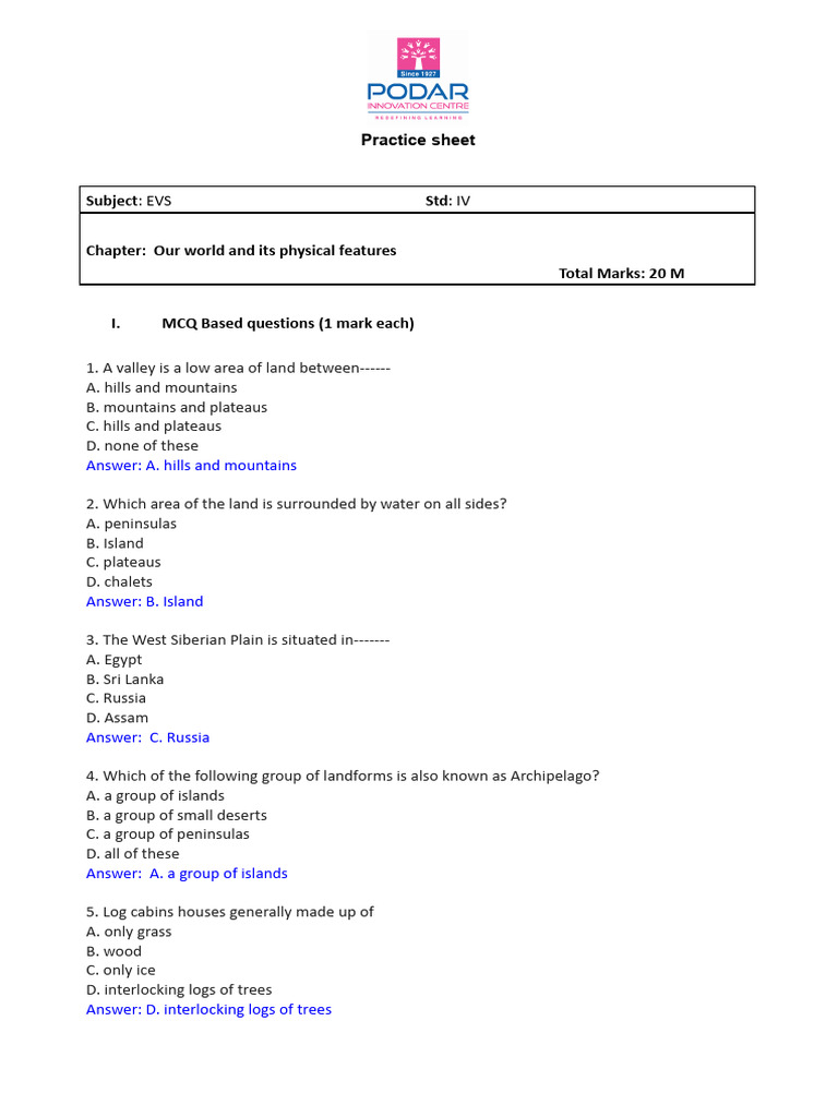 EVS Practice Sheet for Grade IV Students | PDF | Plateau | Desert