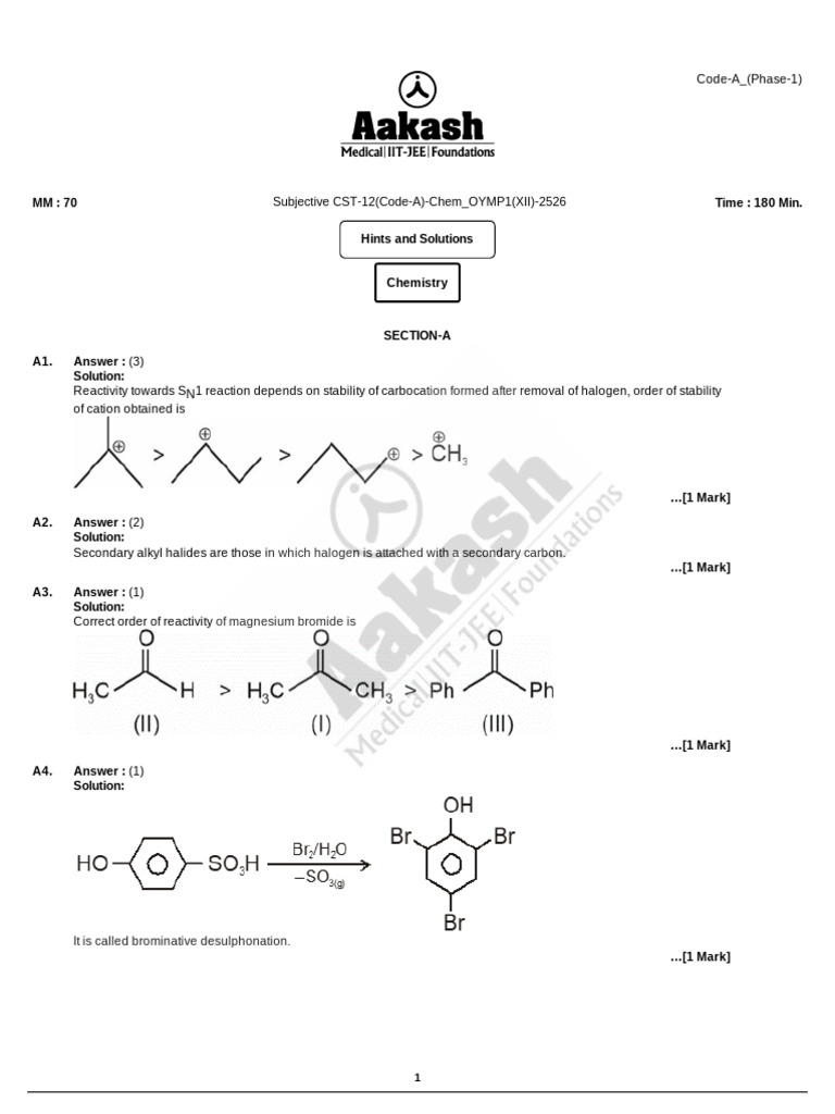 Subjective CST 6(Code a) Chemistry OYMP1(XII) 2425 Sol Unlocked | PDF ...