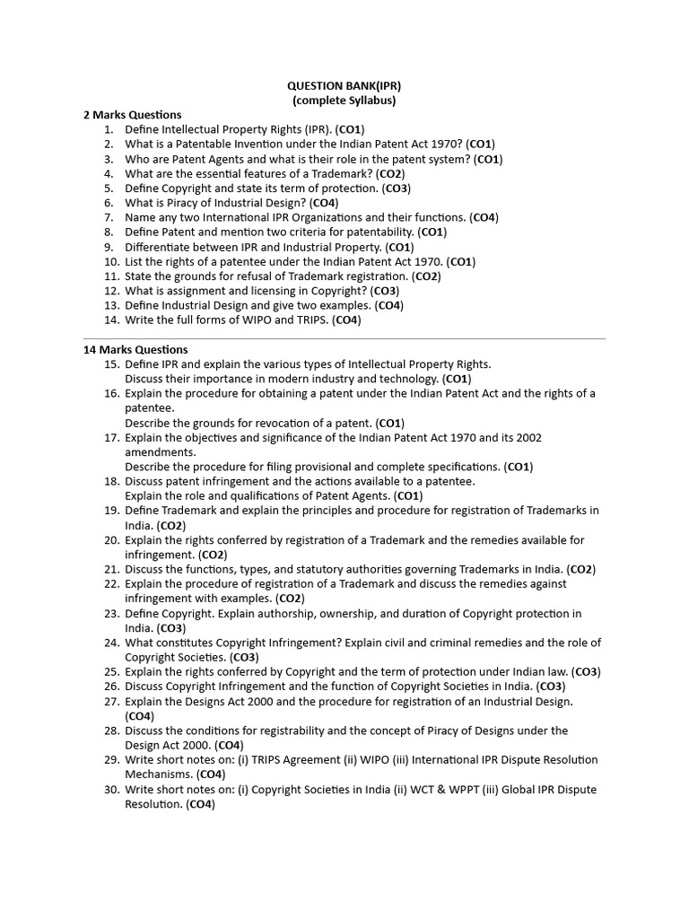 IPR Question Bank and Syllabus Guide | PDF | Patent | Intellectual Property