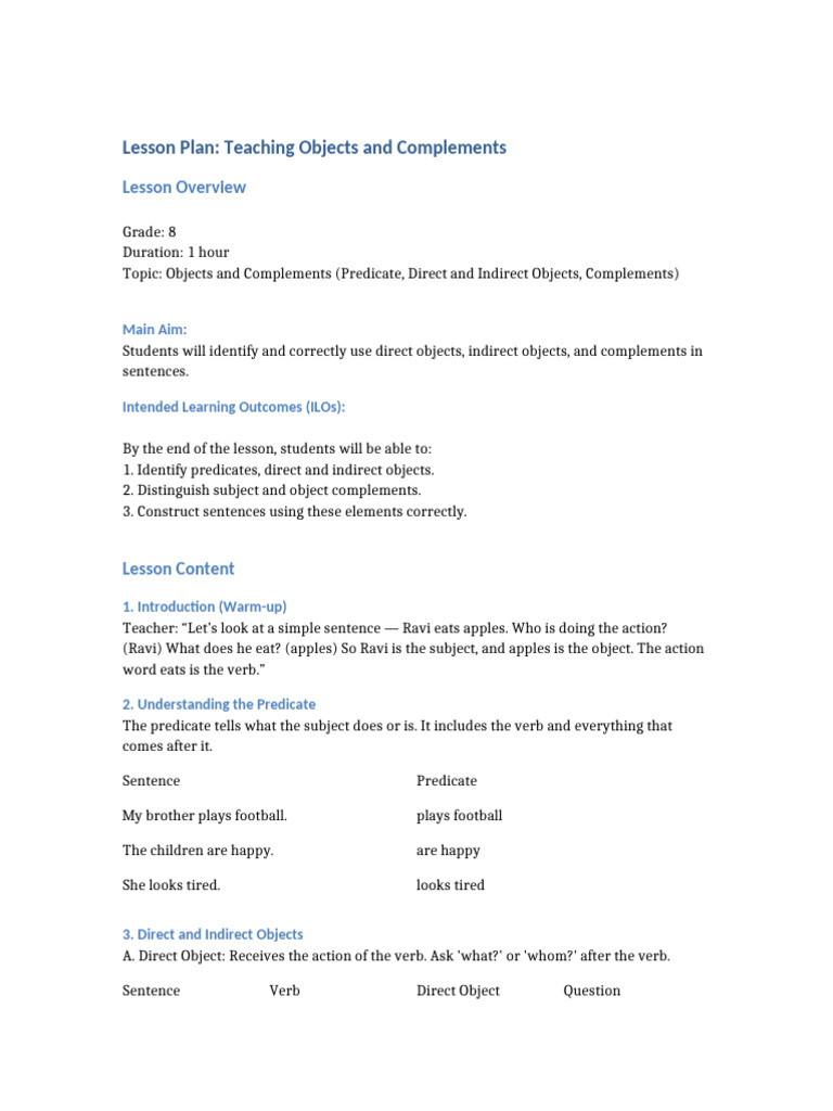 Objects and Complements Lesson Plan | PDF | Subject (Grammar) | Verb
