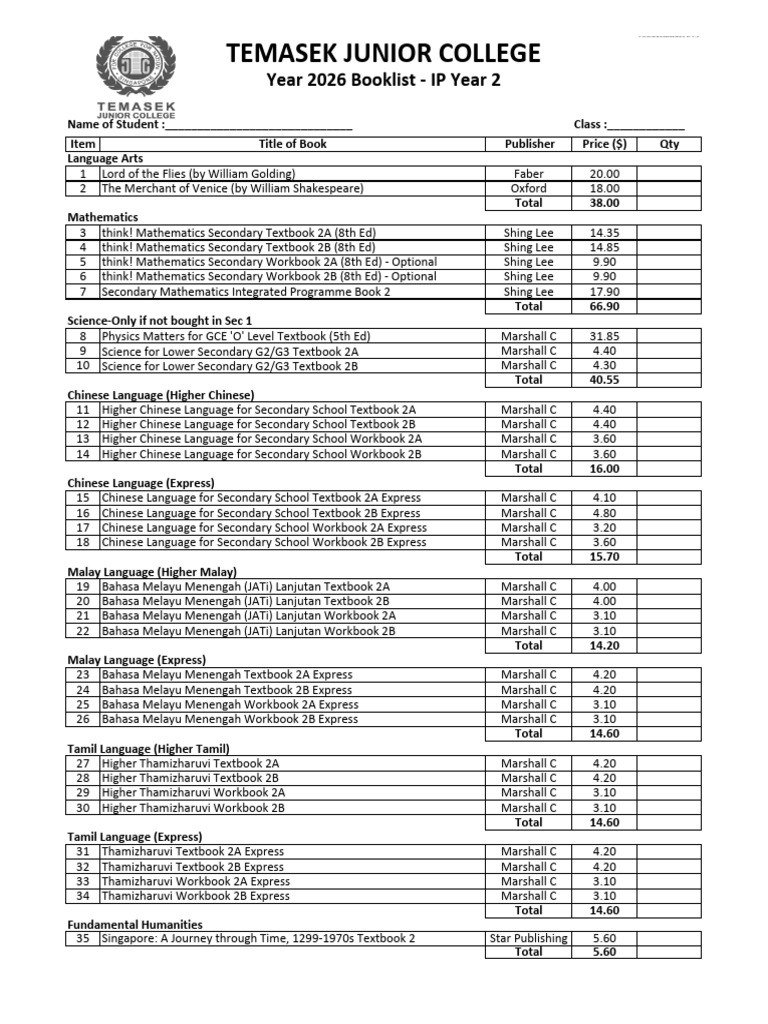 Booklist 2026 Batch (TJC Bookshop) IP2!4!20251201 - 181707 | PDF ...