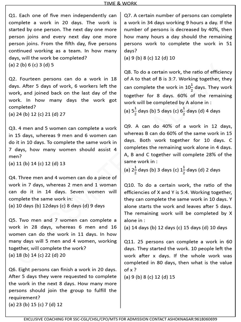 Work Efficiency Problems for SSC Exams | PDF