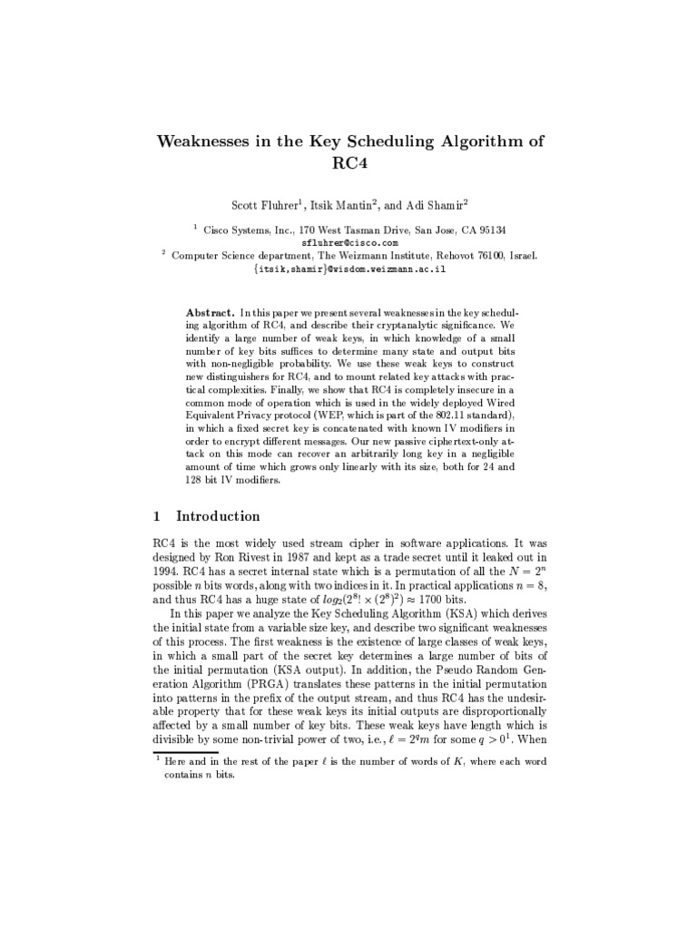 Weakness in the Key Scheduling Algorithm of RC4 | PDF | Cryptography ...