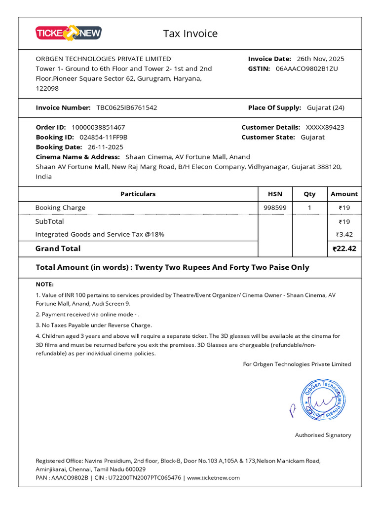 Charges Invoice - Order 10000038851467 - Ticketnew | PDF