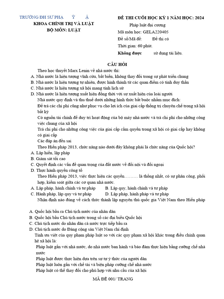 MÃ ĐỀ 001 - MA DE 002 - PLDC | PDF