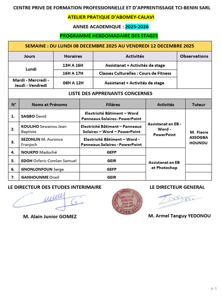 Programme de stages TCI-Bénin 2025-2026 | PDF