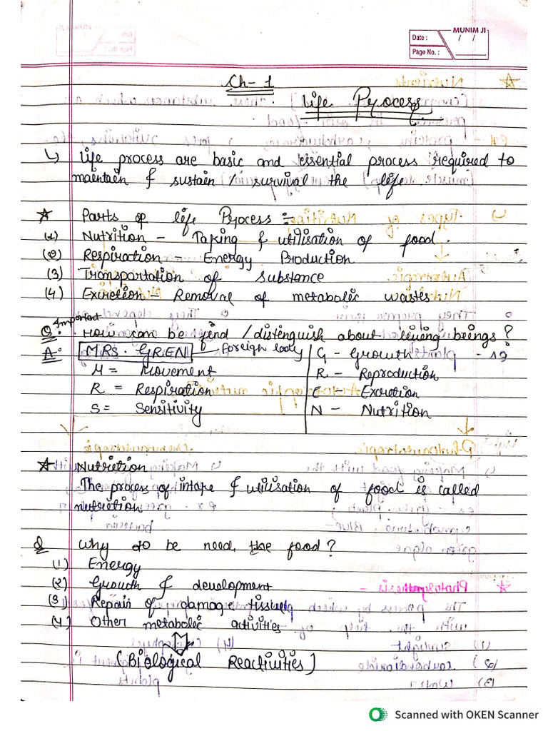 Bio Ch-1 (Life Process) Notes | PDF