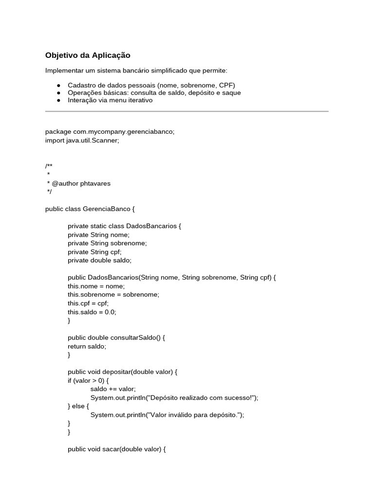 Sistema Bancário Simples em Java | PDF | Programação de computadores ...