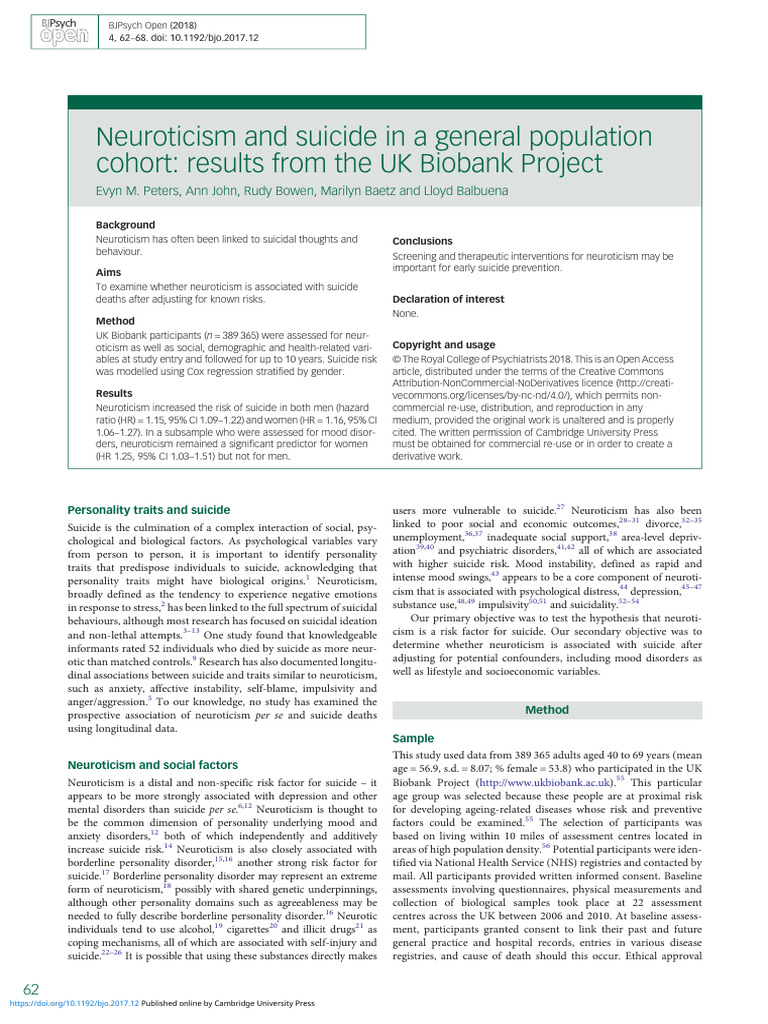 Div Class Title Neuroticism and Suicide in A General Population Cohort ...