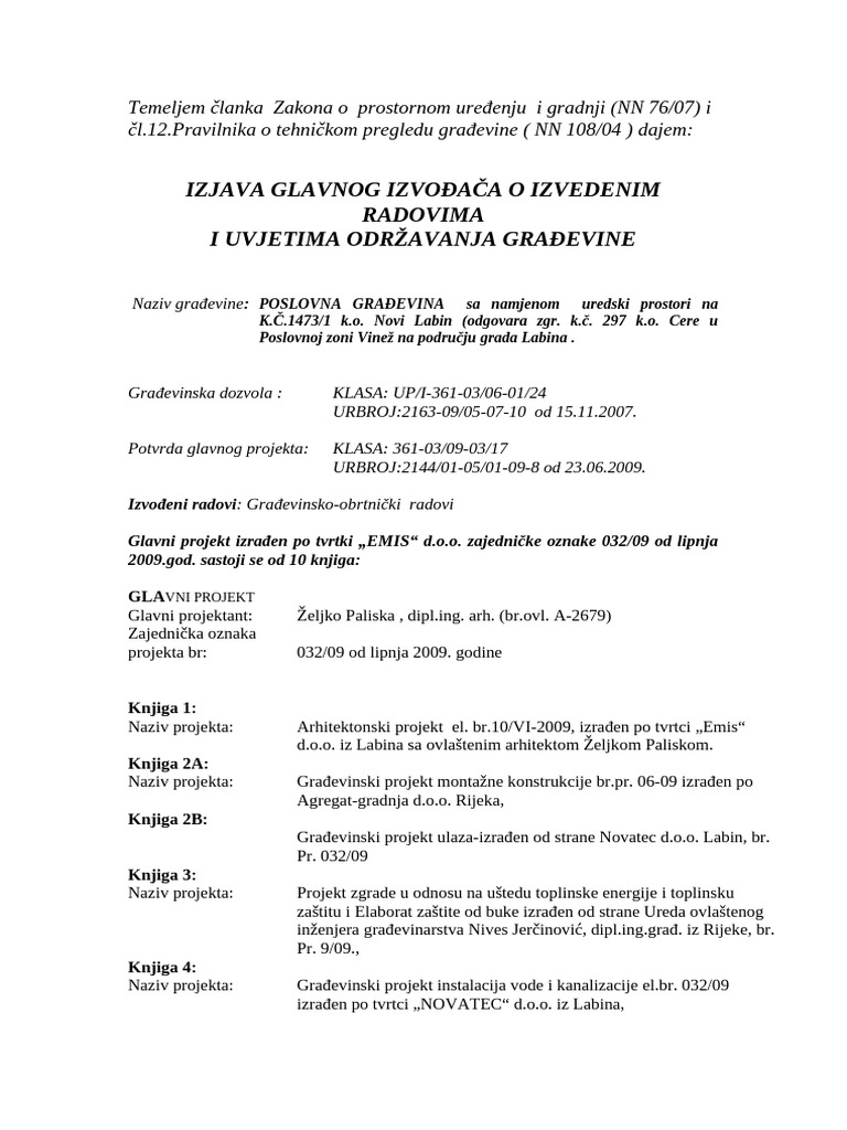 Izjava Glavnog Izvođača Radova | PDF