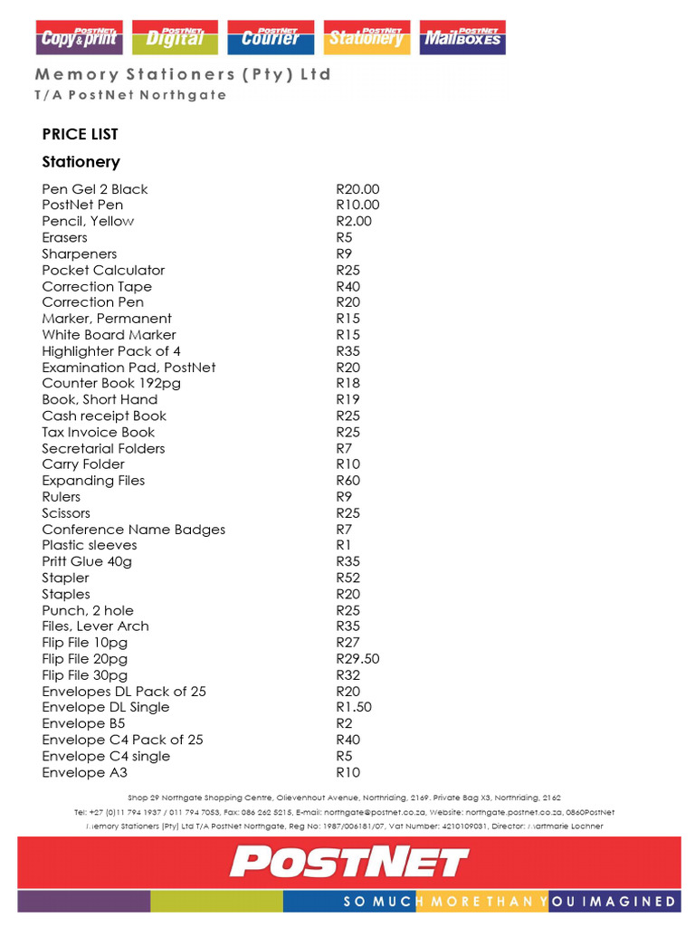 PostNet Northgate Price List | PDF | Stationery