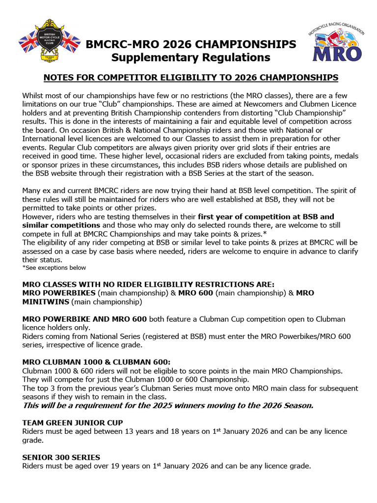 Bmcrc Eligibility and Supplementary Regs 2026 v1 | PDF | Motorsport